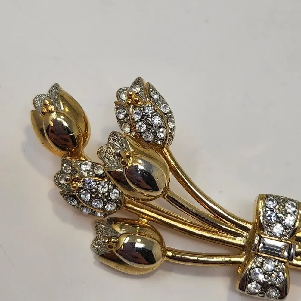 Tulip Bouquet Gold Tone Clear Rhinestone Brooch Flowers Floral Costume Jewelry